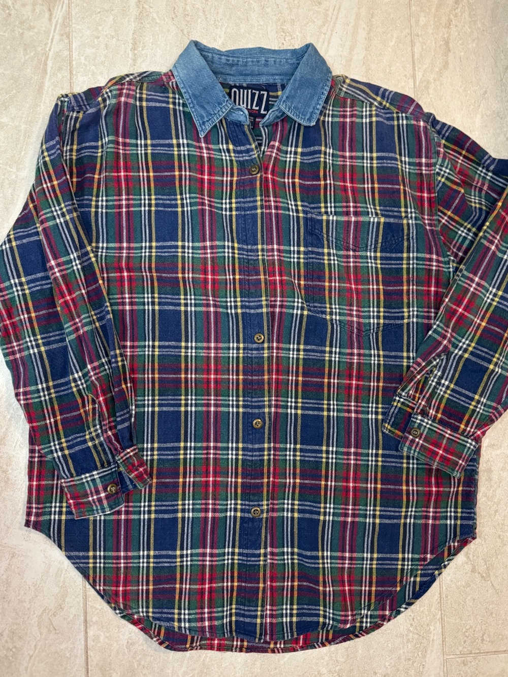 Men's Plaid Button-Down Shirt with Denim Collar - Navy/Red